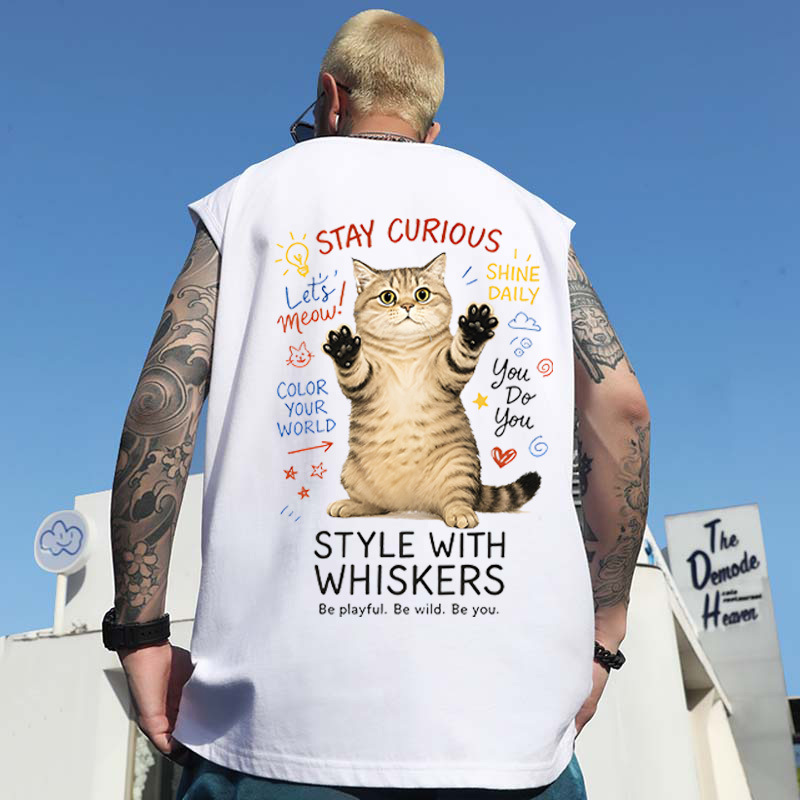2026 Summer Men's Japanese Style INS Cat Print Tank Tops | Thin Loose Athletic Sleeveless Tees for Outerwear