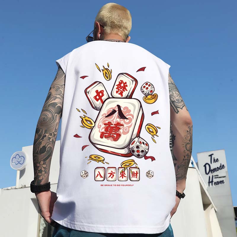Spring Men's Basketball Athletic Tank Tops | Loose Plus Size Outerwear Base Layer Tees INS Hong Kong Style Mahjong Print Sleeveless Vests