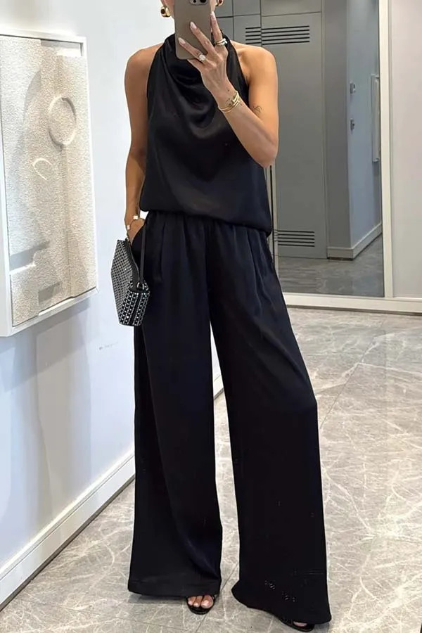 Casual Satin 2 Piece Set Spring Summer Fashion Solid Color Sleeveless Grown-on Collar Top Elastic Waist Wide Leg Pants Suit 260410 - view 6