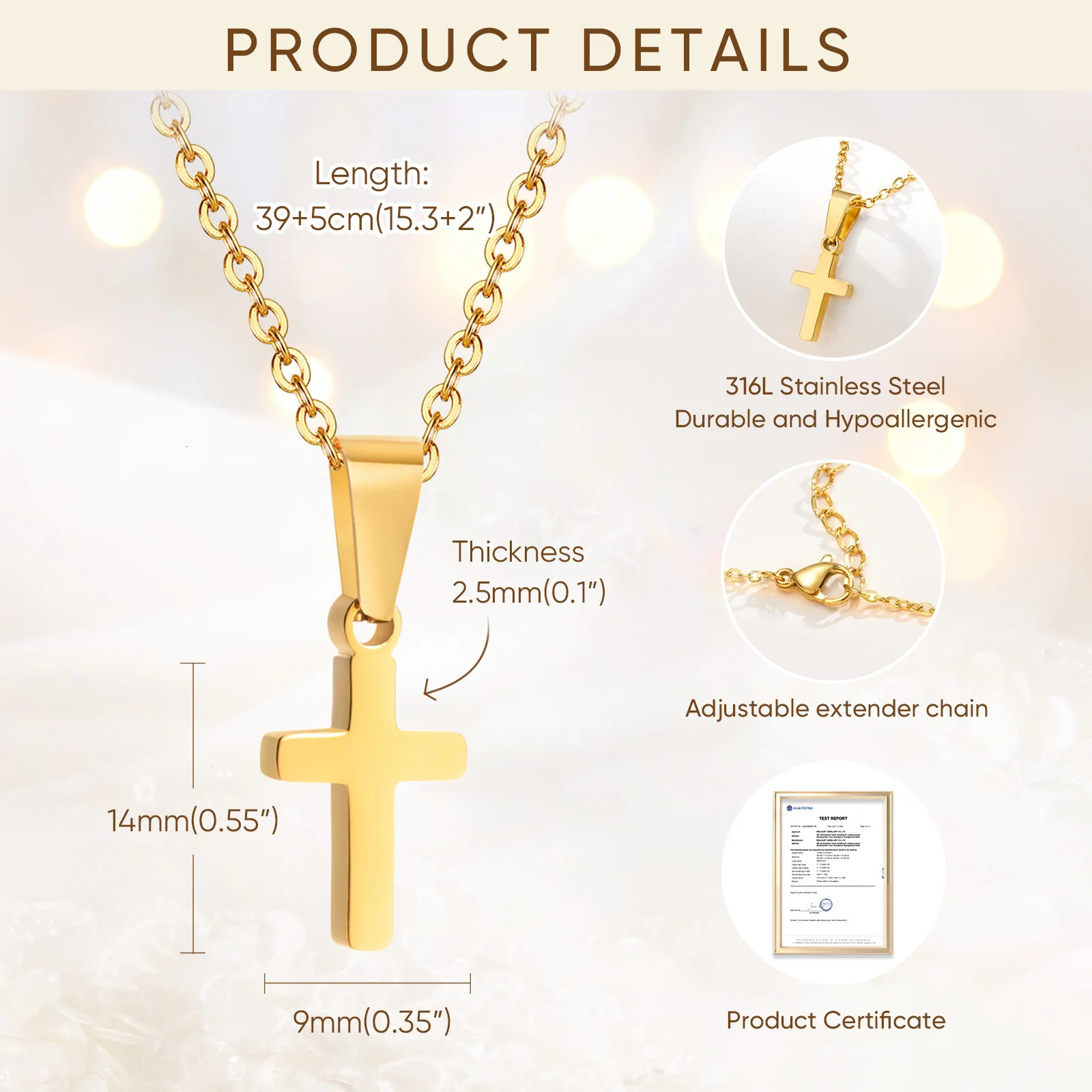 Alloy Cross Pendant Necklace for Youth, Preppy Style Small Cross Necklace with 15.3 in Chain - Model 260413, REACH Certified - view 5