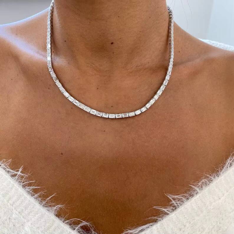 Elegant Trendy 2209ct E VS1 Emerald Cut Lab Grown Diamond Unisex Choker Necklace 14K White Gold Plated Prong Setting IGI