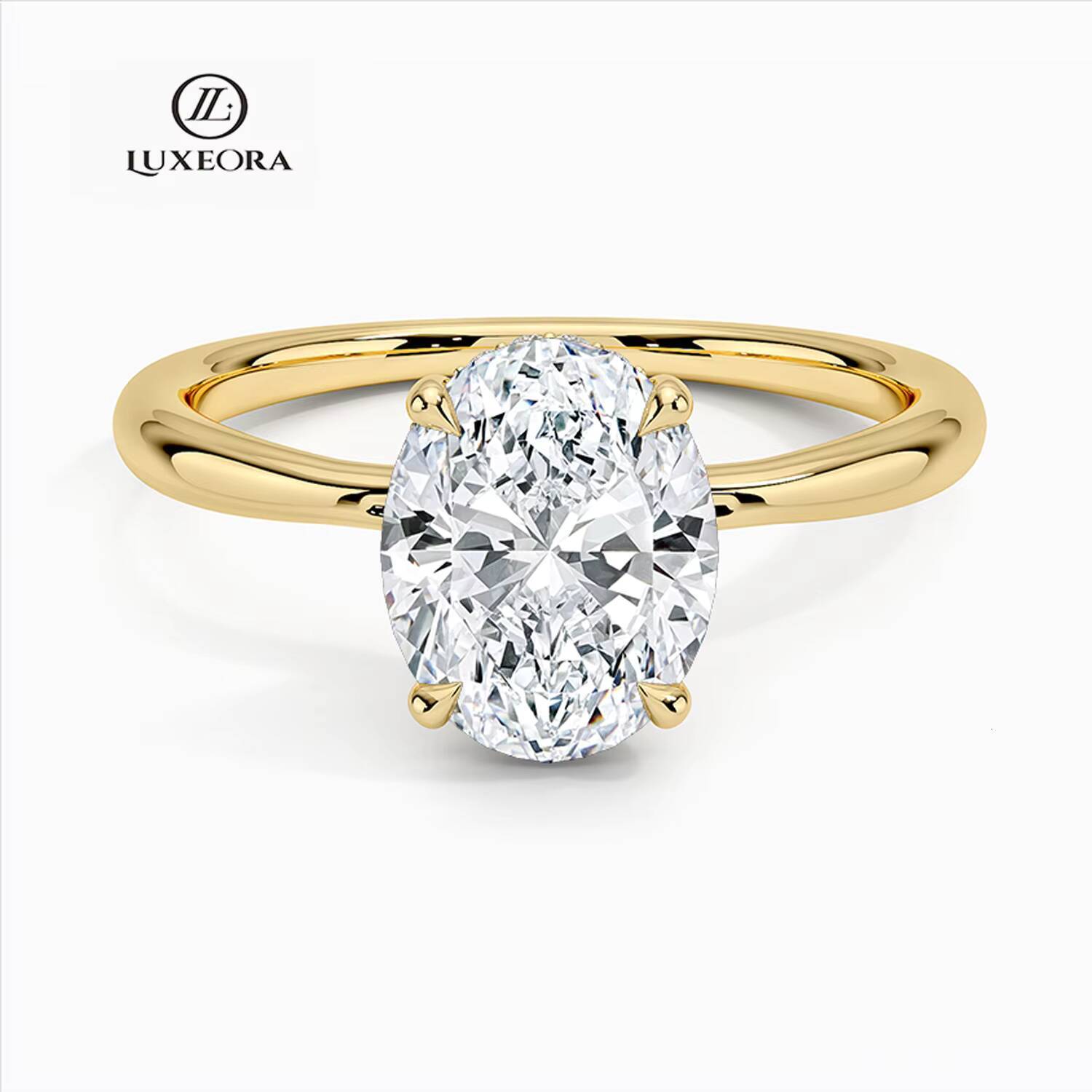 Luxeora Custom Luxury Diamond Jewelry Claw Prong Yellow Solid Gold 18K Engagement Ring IGI Oval Cut Lab Grown Diamond Women Ring