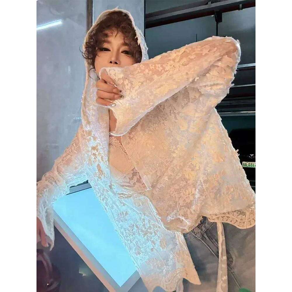 Europe America Y k Sexy White Long sleeved Short Lace Shirt Crop Top Female Summer Lazy Loose Chic Smock Shawl Mesh Blouse Goth MAKOUFEI