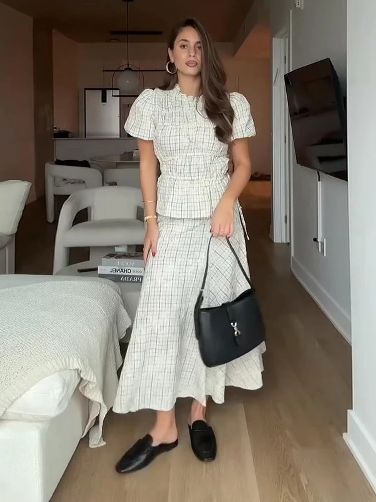 Plaid Embroidered Bow Decor Two-Piece Set Puff Sleeve Ruched Waist 2026 Spring Elegant Women Skirt Set Sweet Casual Lady Outfit 260413