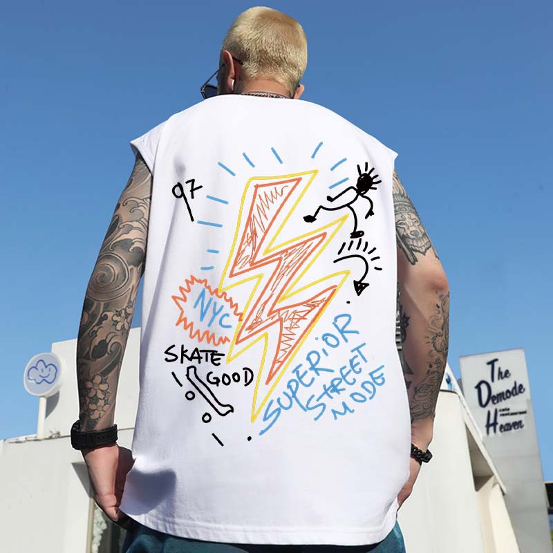2026 Men's Lightning Graffiti Print Sleeveless Tees | Thin Oversized Plus Size Basketball Tank Tops for Big & Tall