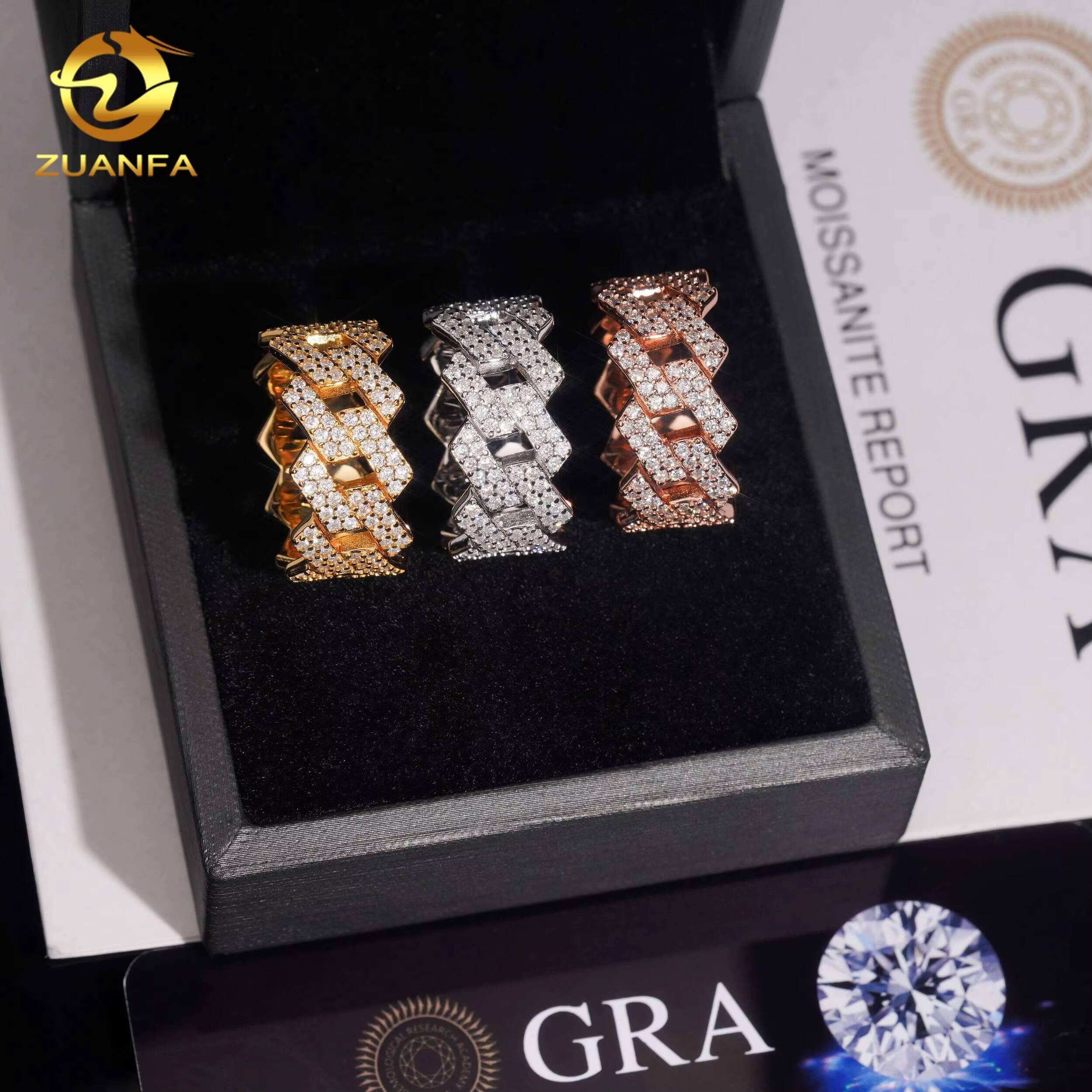 2 Circle Designs Iced Out VVS Moissanite Full Diamond Hip Hop Jewelry Rings Solid 925 Silver Fine Jewelry 2Rows Ring for Men