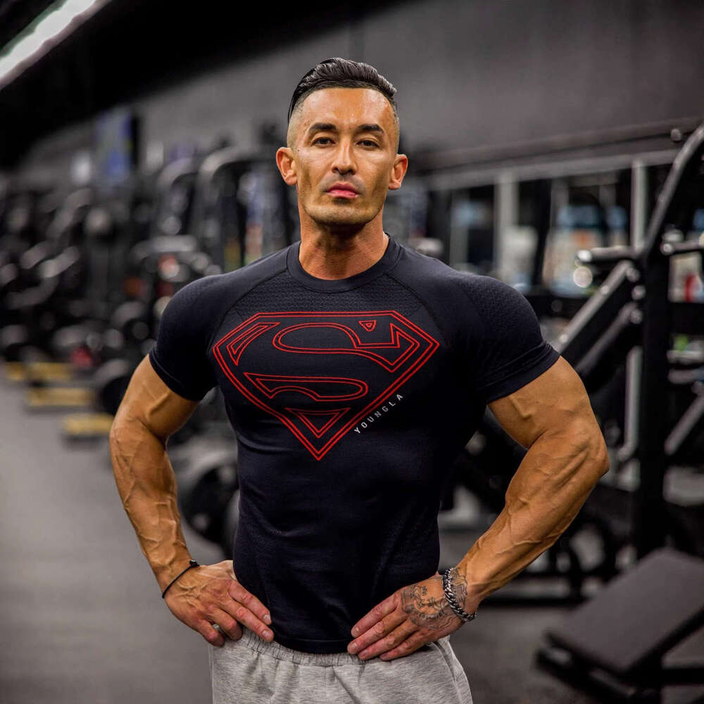 Superman American Style New Men's T-shirt Muscle Sports Fitness Breathable Tight-fitting Top