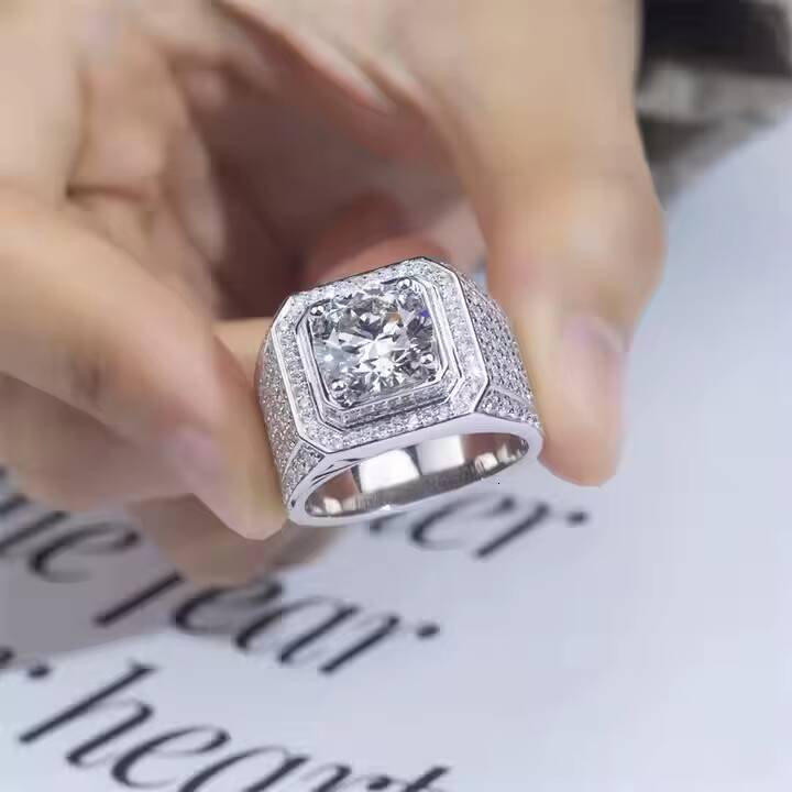 Designer Mens VVS Lab Grown Moissanite Silver Ring Certified IGI India Fully Iced Religious Style Anniversary Wedding Party