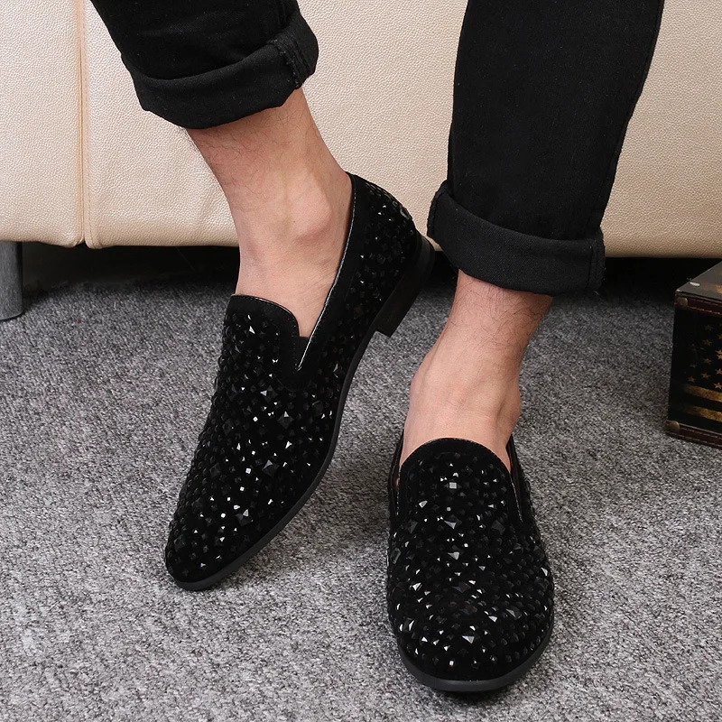 Dress Shoes for Men y Pointed Toe Black Loafers Denim Metal Sequins Fashion High Quality Party Wedding 260413