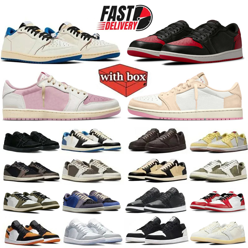 With Box Designer 1 1s low Basketball Shoes Banned Muslin Shy Pink Tropical Pink Fragment Medium Olive Chicago Dark Mocha Canary Sail Men Women trainers Sneakers 36-47