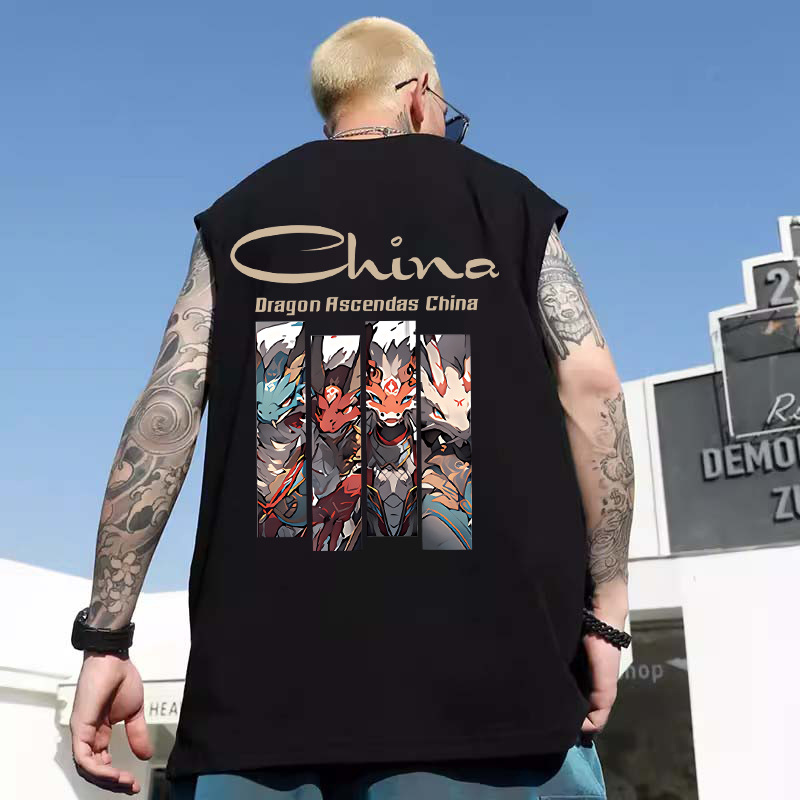 2026 Summer Men's Chinese Trend Lion Dance Print Tank Tops | Trendy Loose Couples Sleeveless Tees