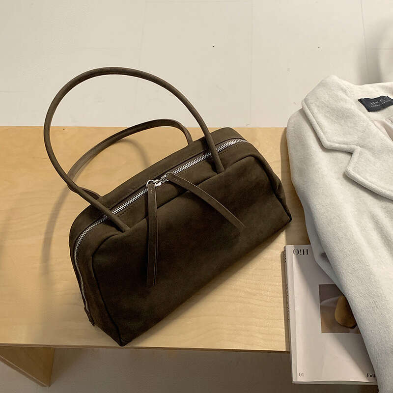 2026 New Minimalist Suede Shoulder Bag, Frosted Cowhide Bowling Bag, Large Capacity Genuine Leather Underarm Shell Bag For Women SENYY