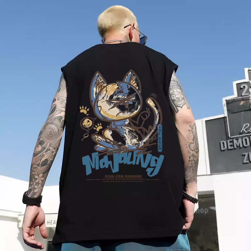 Summer Men's American Cartoon Cat & Letter Print Tank Tops | Trendy Casual Loose Cotton Sleeveless Tops