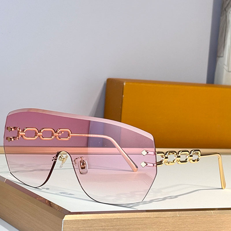 Ladies designer Jewel Mask sunnies fashionable frameless mask shaped sunglasses gold chain leg pink gradient lenses summer party sunglasses UV400 protection 3108