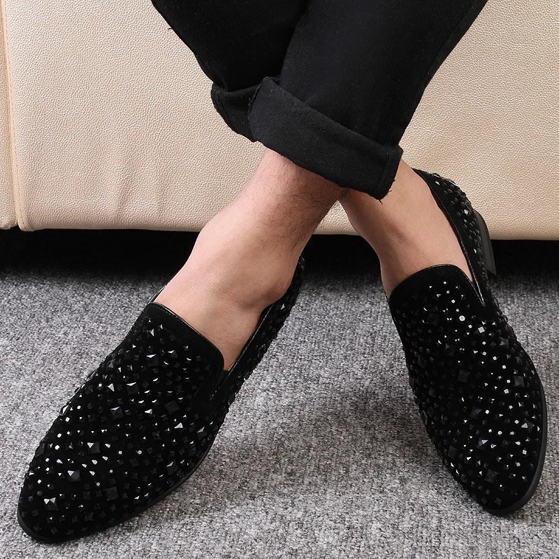 Dress Shoes for Men y Pointed Toe Black Loafers Denim Metal Sequins Fashion High Quality Party Wedding 260413