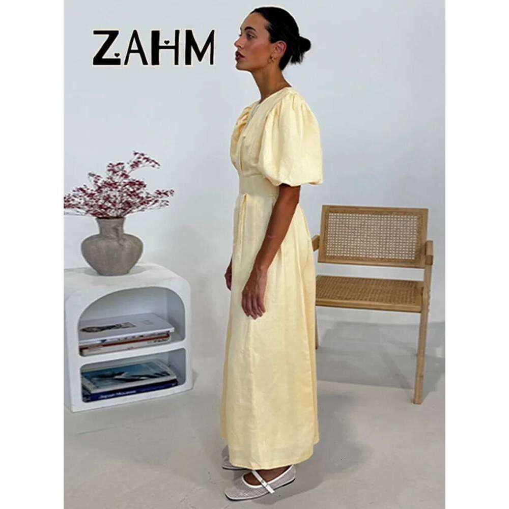 Casual Yellow Short Puff Sleeve Women Dress Loose Solid O-Neck Pleated High Waist Female Maxi Dresses Summer Chic Lady Robe WONST WONST