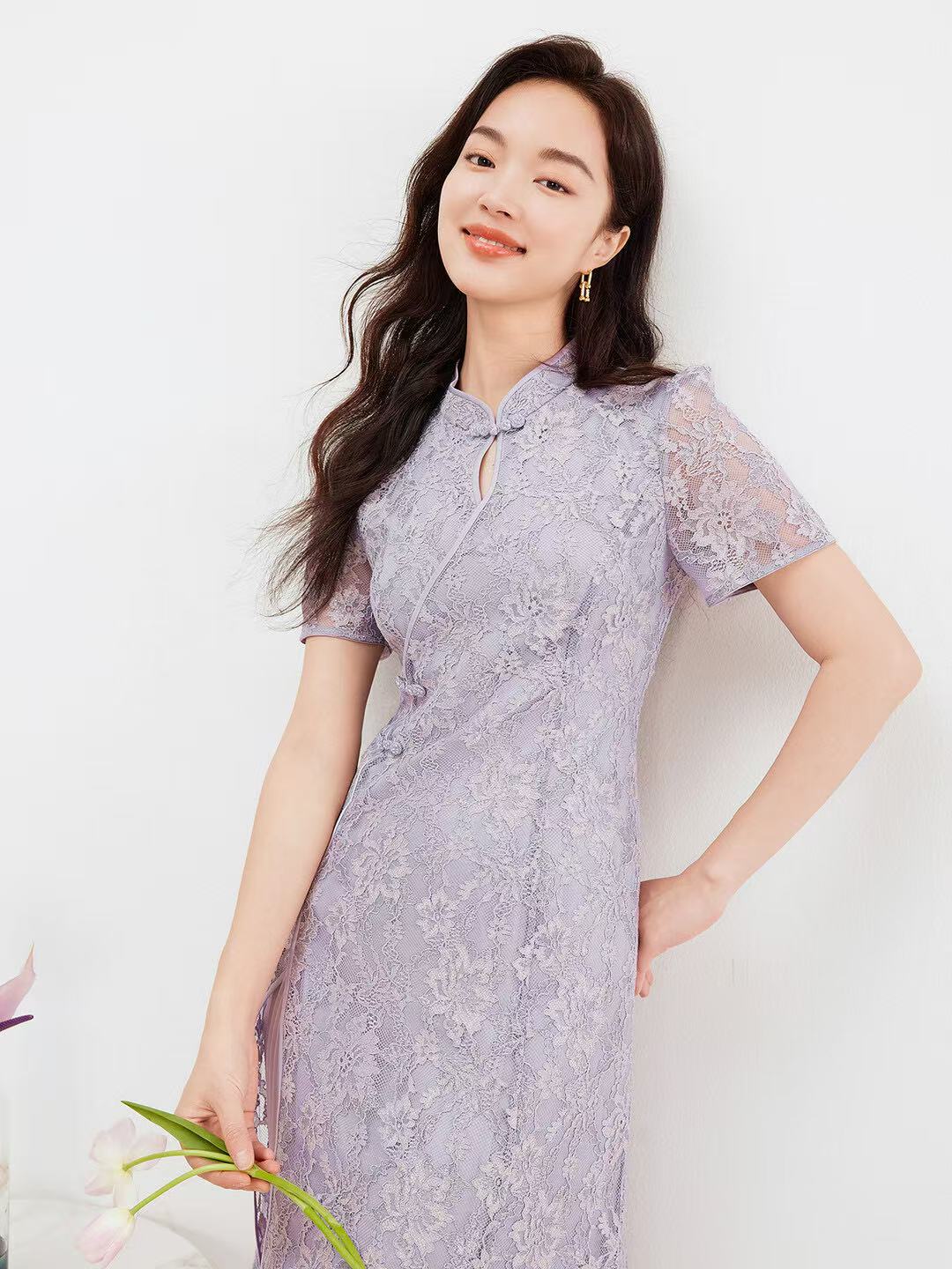 Light Purple Womens Elegant Lace-Stand Collar Summer Dress with Slender Fit