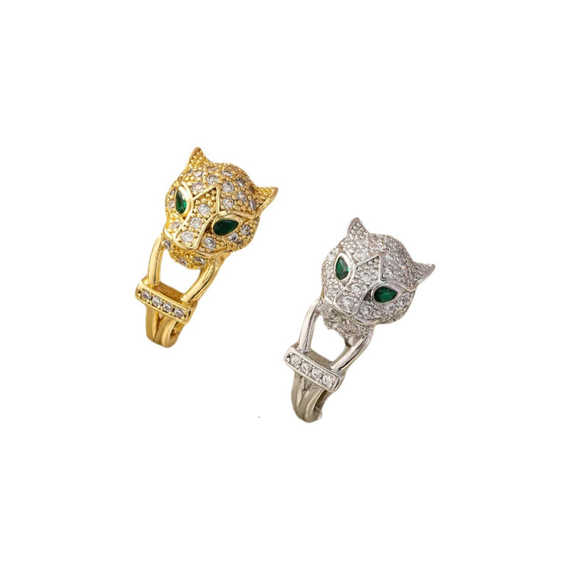 Designer Luxury Designer Leopard Head Ring For Men Women, European American Style Copper Gold Plated Zircon Inlaid Open Adjustable Hip Hop Jewelry Gif