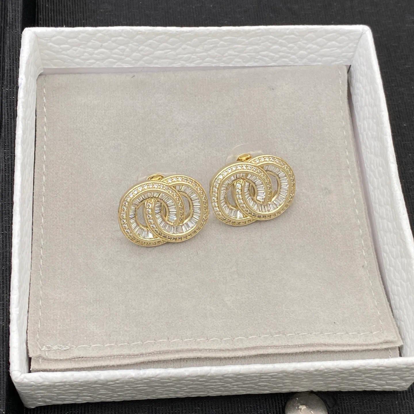 Luxury 18K Gold Plated Earring Crystal Rhinestone Designer Double Letters Woman Jewelry Earring Party Gift