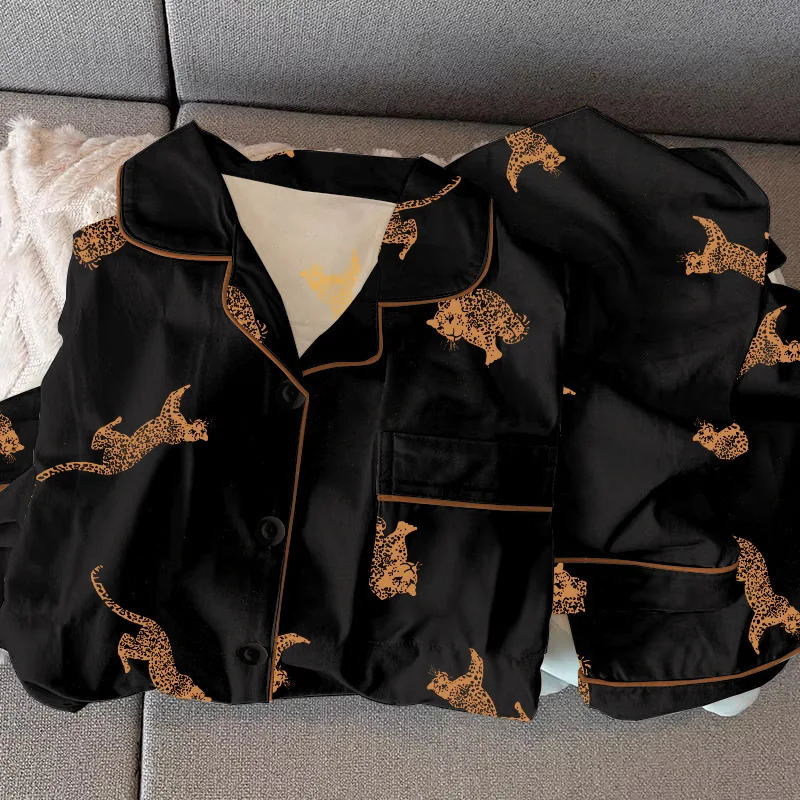 Black Leopard Print Women's Pajama Set, Acrylic Long Sleeve Top and Relaxed Slim Fit Pants, Black Ladies Sleepwear - view 3