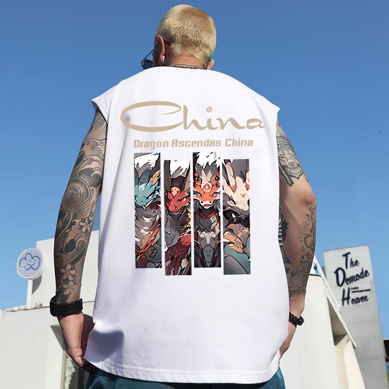 2026 Summer Men's Chinese Trend Lion Dance Print Tank Tops | Trendy Loose Couples Sleeveless Tees