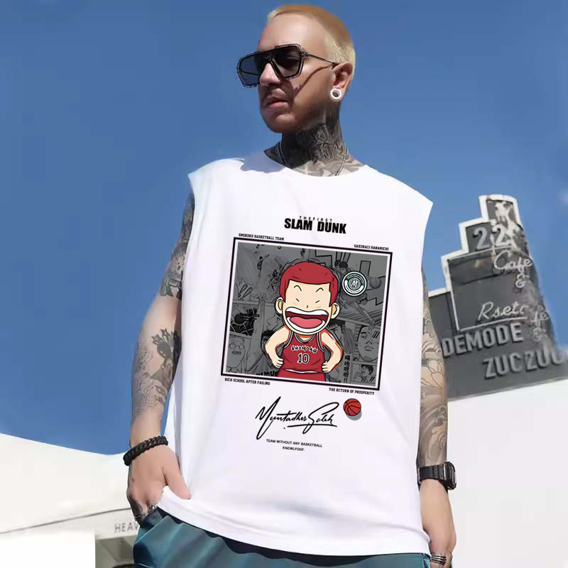 Summer Men's Japanese Style Basketball Print Tank Tops | American Trendy Hip-Hop Plus Size Sleeveless Tees Base Layers