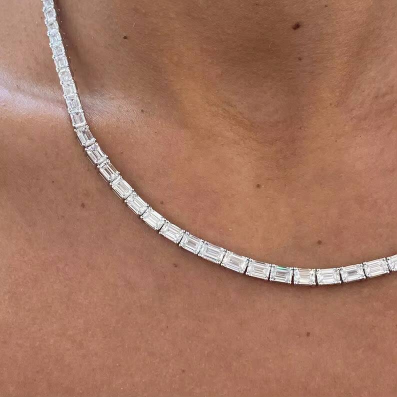 Elegant Trendy 2209ct E VS1 Emerald Cut Lab Grown Diamond Unisex Choker Necklace 14K White Gold Plated Prong Setting IGI