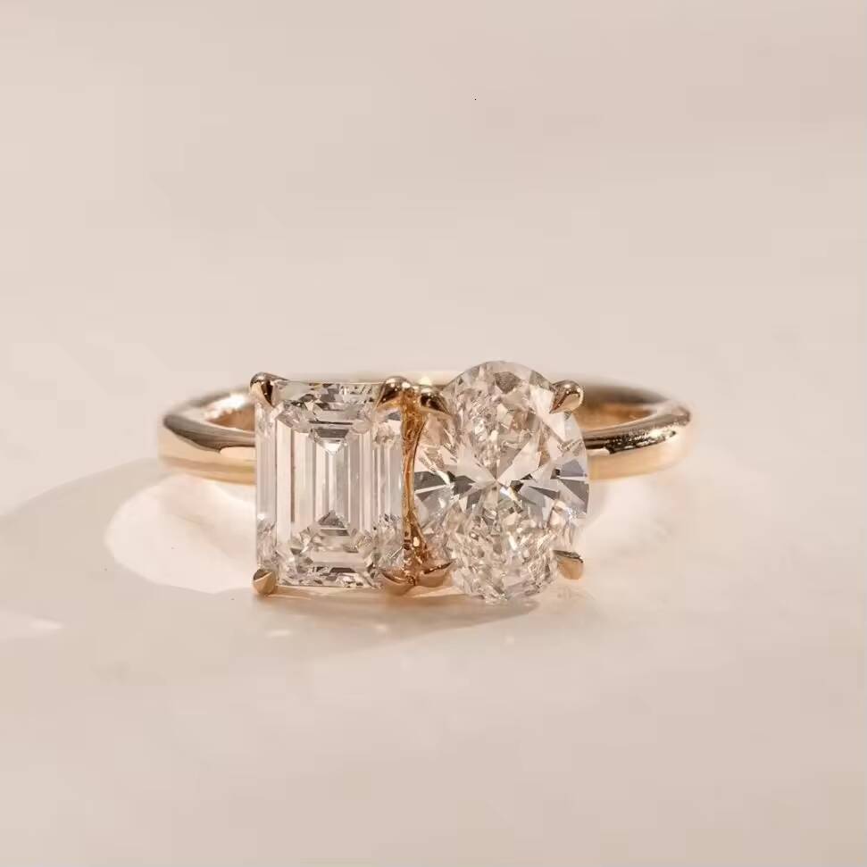 MaiYi Luxury Womens 14K Yellow Gold Oval Emerald Cut Lab Grown Diamond IGI Certified Double Main Stone Uniquely Diamond Ring
