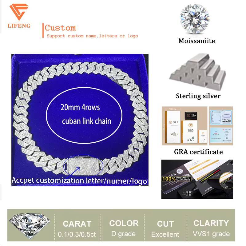 Luxury 20mm 4Row Iced Out Moissanite Cuban Chain Fine Jewelry S925 Silver Chain Hip Hop Necklace VVS Moissanite Cuban Link Chain