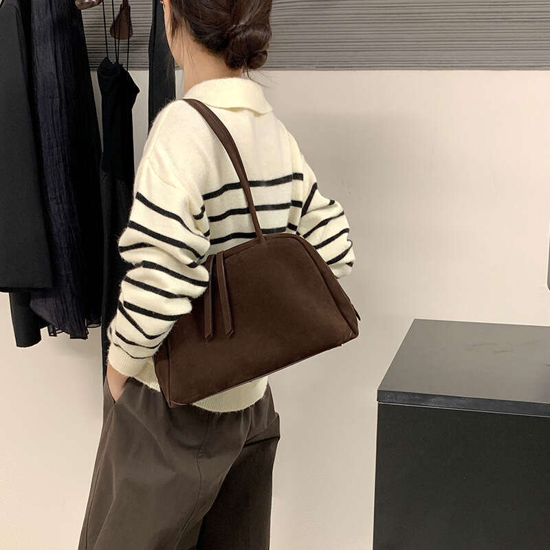 2026 New Minimalist Suede Shoulder Bag, Frosted Cowhide Bowling Bag, Large Capacity Genuine Leather Underarm Shell Bag For Women SENYY