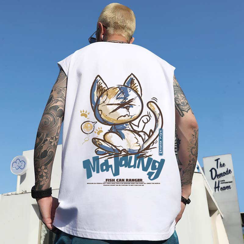 Summer Men's American Cartoon Cat & Letter Print Tank Tops | Trendy Casual Loose Cotton Sleeveless Tops