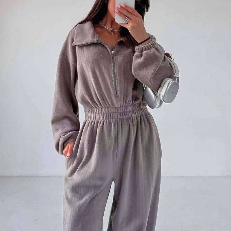 New Unique Design Women Jumpsuit Long Sleeve Casual Semi Open Placket Elastic Waist Elegant Fashion One Piece Outfit MAKOUFEI