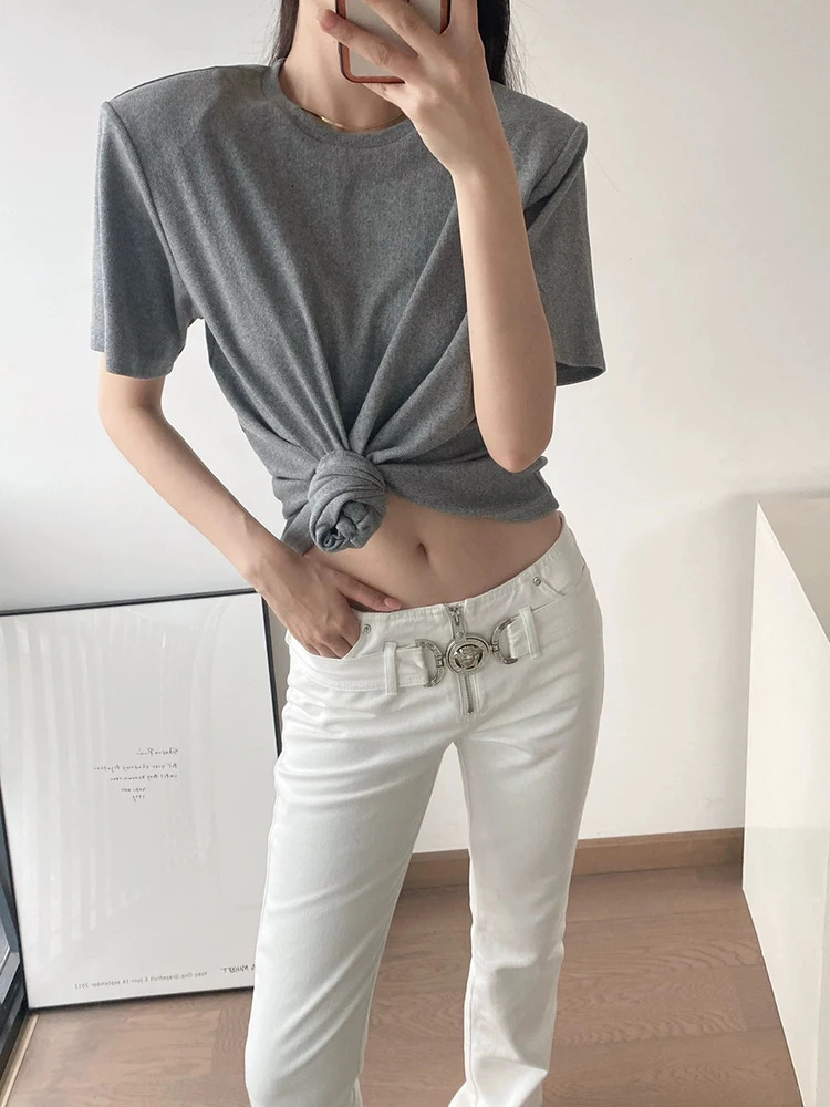 Y2K knotted twist knitted threaded round neck Top women fashionable and versatile navel padded shoulder shortsleeved Tshirt 260327
