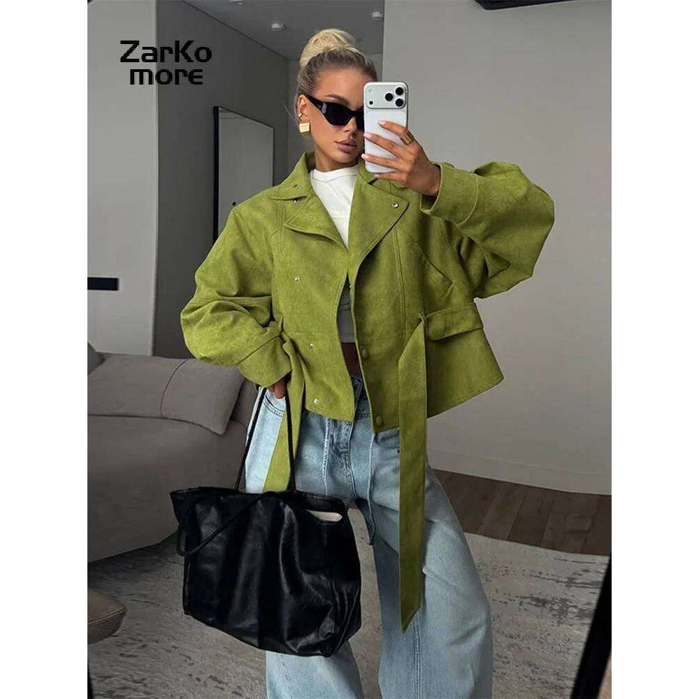 Vintage Women s Suede Jacket Lace Up Lapel Button Loose Long Sleeve Thick Female Coat Spring Autumn Lady Street Outwear New MAKOUFEI