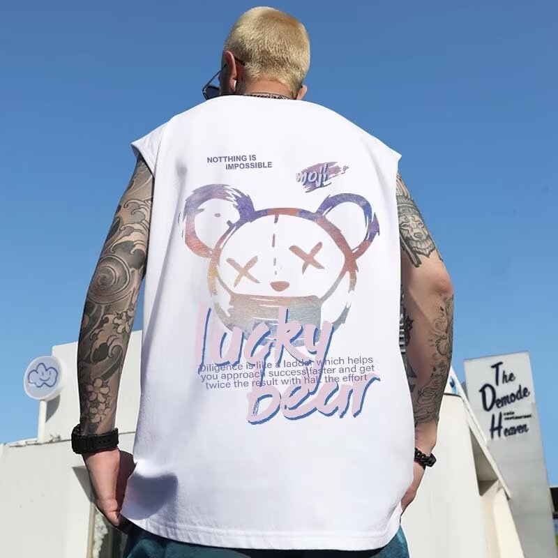 Summer Hong Kong Style Printed Tank Tops | Men's Oversized Trendy Brand Loose Athletic Basketball Sleeveless Tops