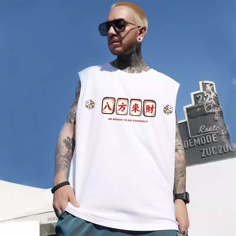 Spring Men's Basketball Athletic Tank Tops | Loose Plus Size Outerwear Base Layer Tees INS Hong Kong Style Mahjong Print Sleeveless Vests