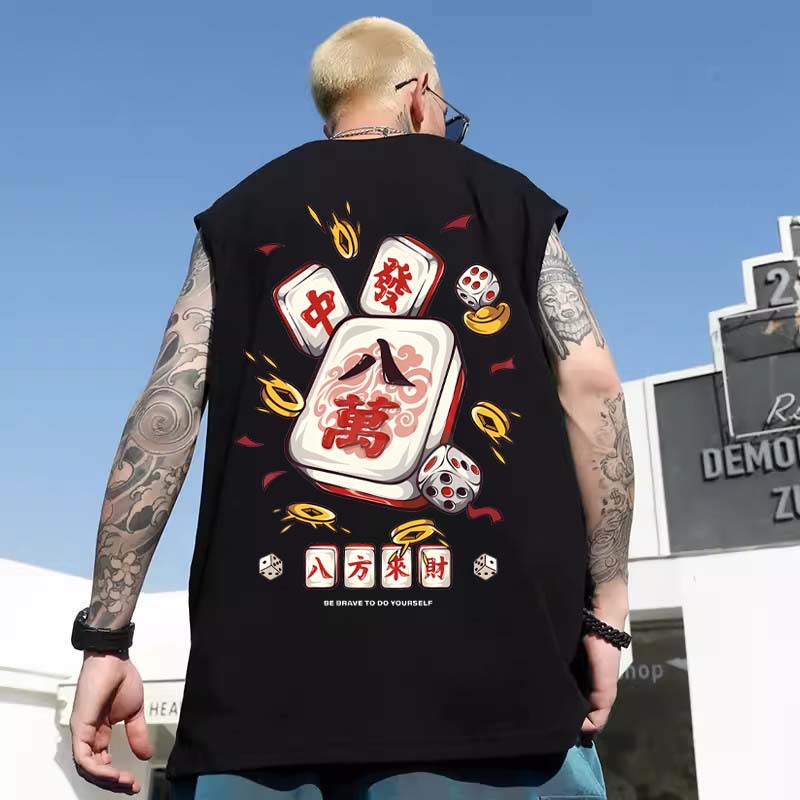 Spring Men's Basketball Athletic Tank Tops | Loose Plus Size Outerwear Base Layer Tees INS Hong Kong Style Mahjong Print Sleeveless Vests