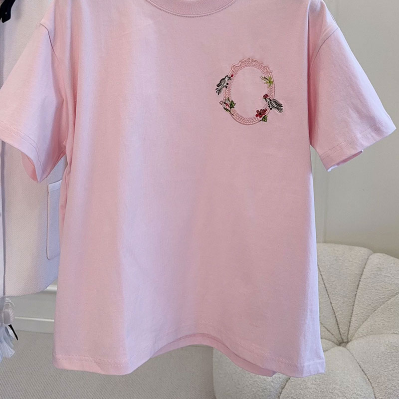 Ladies Spring Summer New Pink Embroidered Short Sleeve Top, Designer Vintage Luxury Crewneck 100% Cotton Blouse, Runway Chic Classic Oversized Elegant