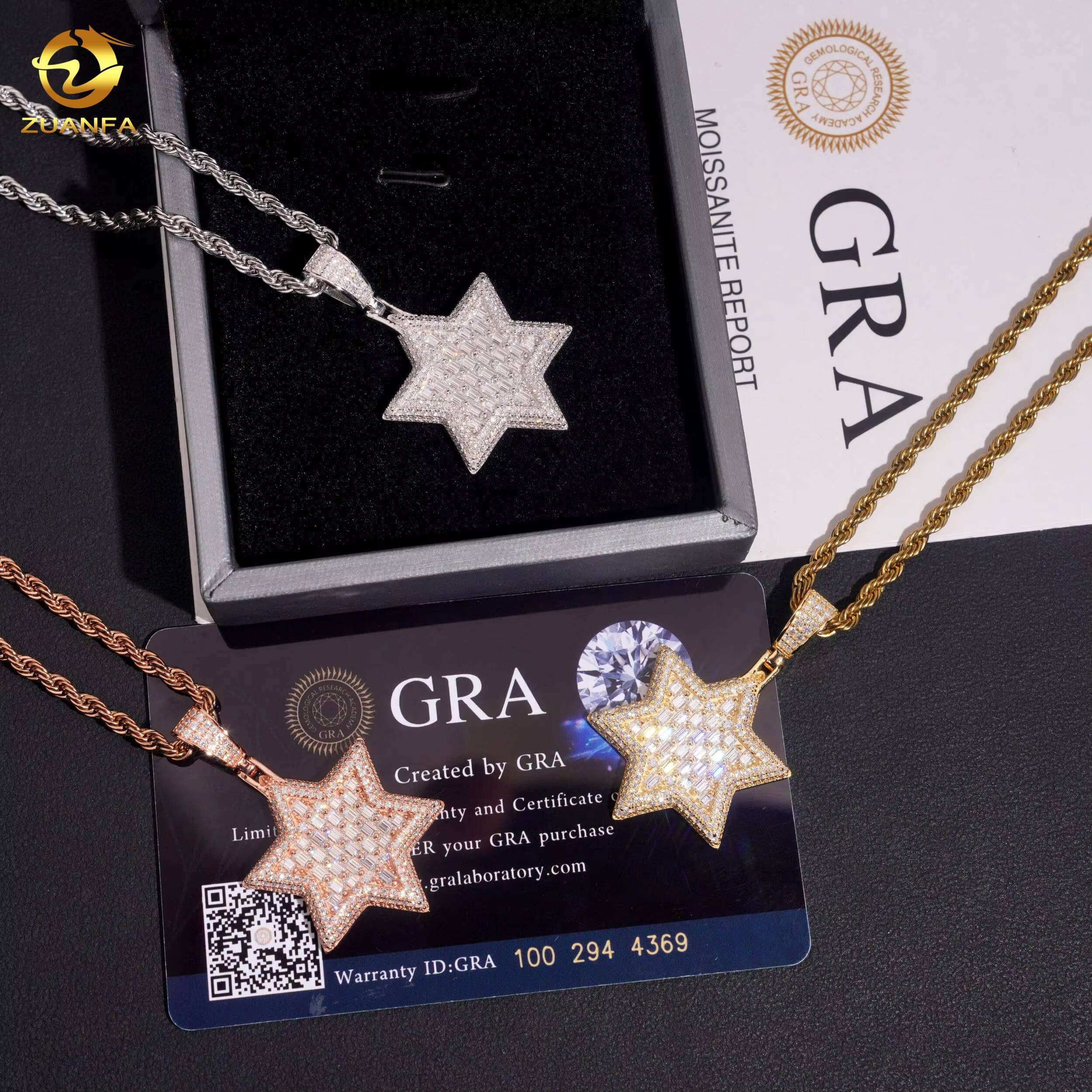 Fashion Fine Hip Hop Moissanite Jewelry Iced Out Pendant Star Design 925 Silver VVS Moissanite Baguette Diamond Jewelry Pendants