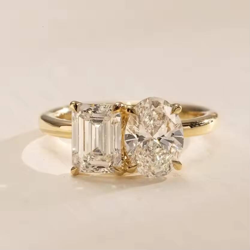 MaiYi Luxury Womens 14K Yellow Gold Oval Emerald Cut Lab Grown Diamond IGI Certified Double Main Stone Uniquely Diamond Ring
