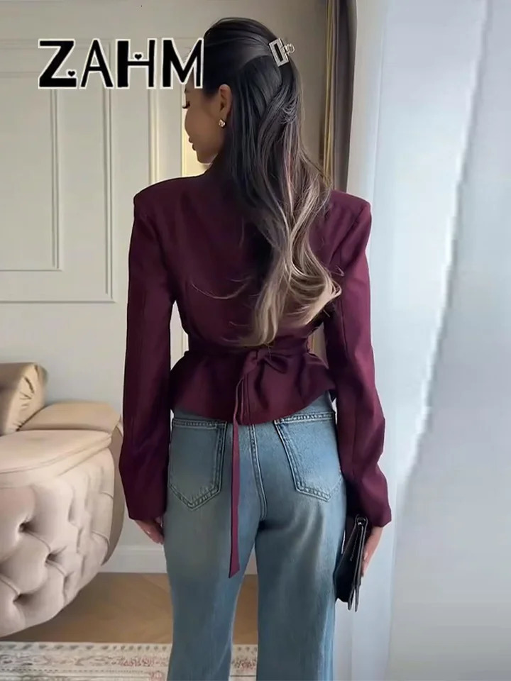 Casual Lace Up Solid Blazer Women Fashion Slim Vneck Single Breasted Full Sleeve Jacket Female 2026 Spring Lady Outwears 260410
