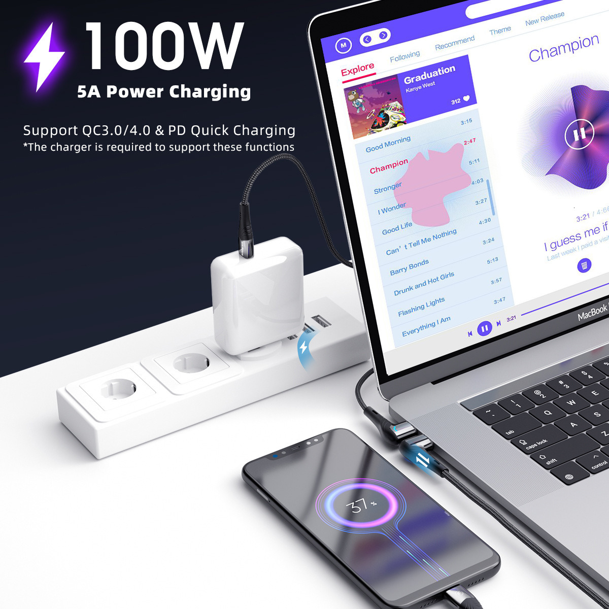 Pd100W magnetic mobile phone cable data cable 5a computer charging cable fast charging cable elbow 1.5m tyc magnetic cable