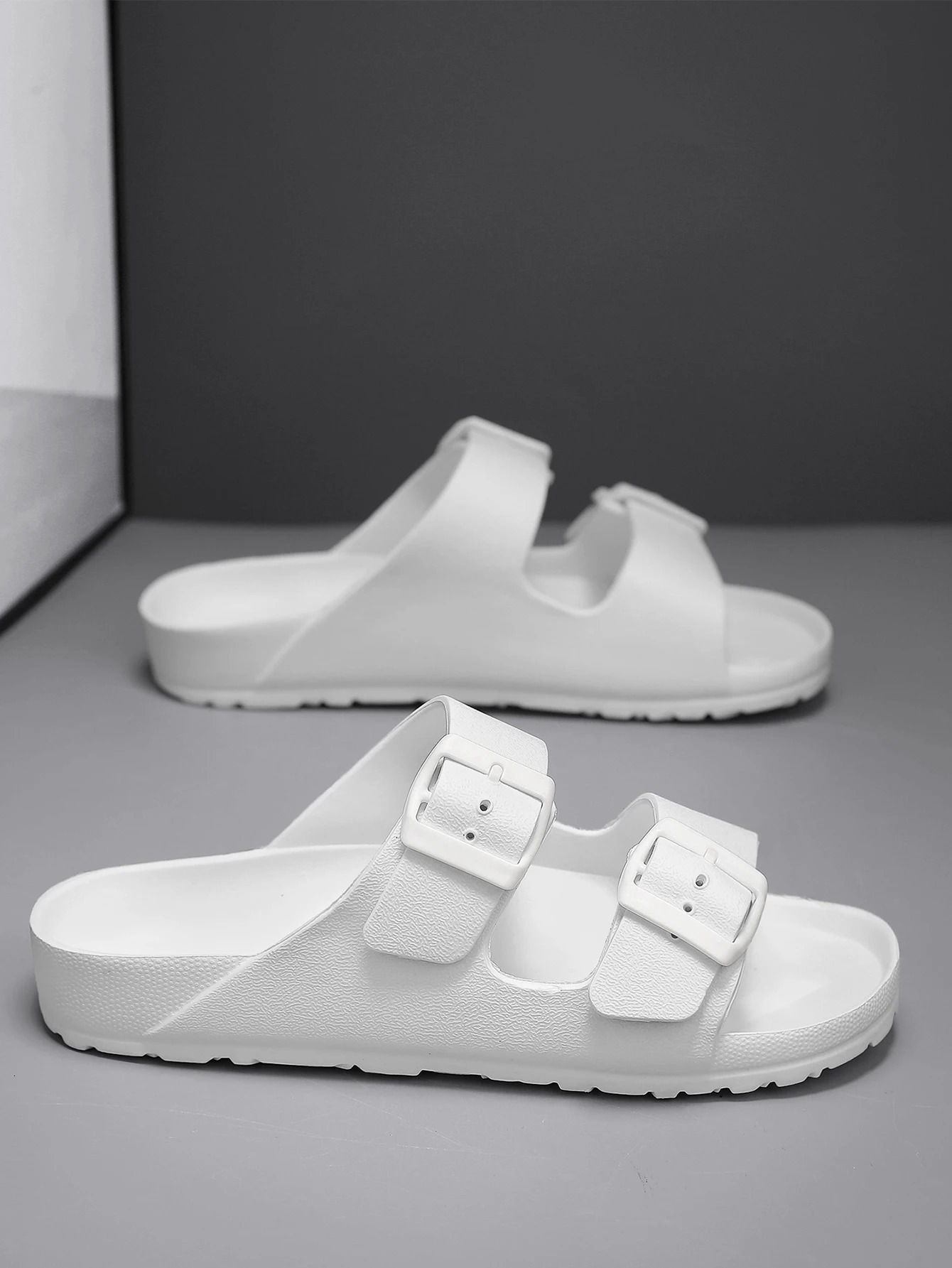Summer Mens Casual Simple Solid Color Buckle Plastic SlipOn Flat Heel Adjustable Slippers 260413