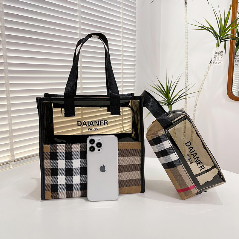 Free Shipping New Fashion Plaid Letter Design Cosmetic Bag Portable Large Capacity Transparent Toiletry Bag Storage Pouch