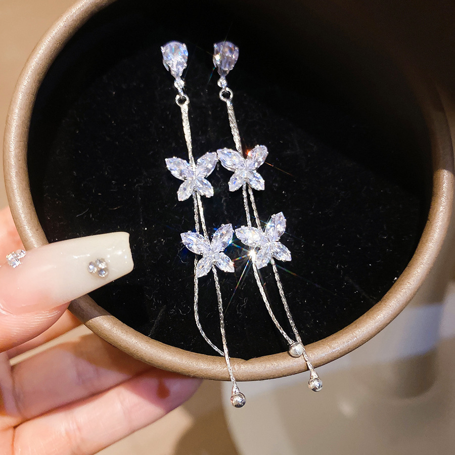 Silver Needle European American Style Sparkling Zircon Butterfly Tassel Luxurious and Sophisticated Stud Earrings, Popular Versatile Elegant Dangle Ea - view 6