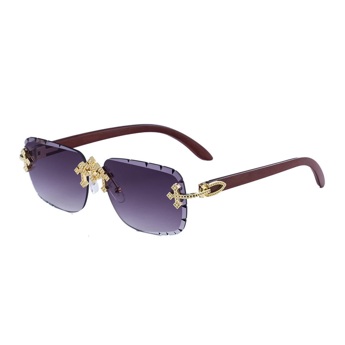 2026 New Designers' Full-diamond Cross Frameless Sun Glasses - Old-fashioned Money Style Eyeglasses - Outdoor Beach Wood Grain Texture Frame Legs