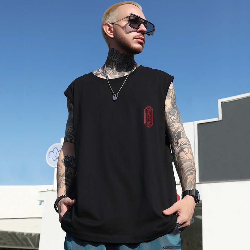 Summer Men's Loose Plus Size Athletic Gym Tank Tops | Trendy Chinese Style Printed Running Casual Sleeveless Tees