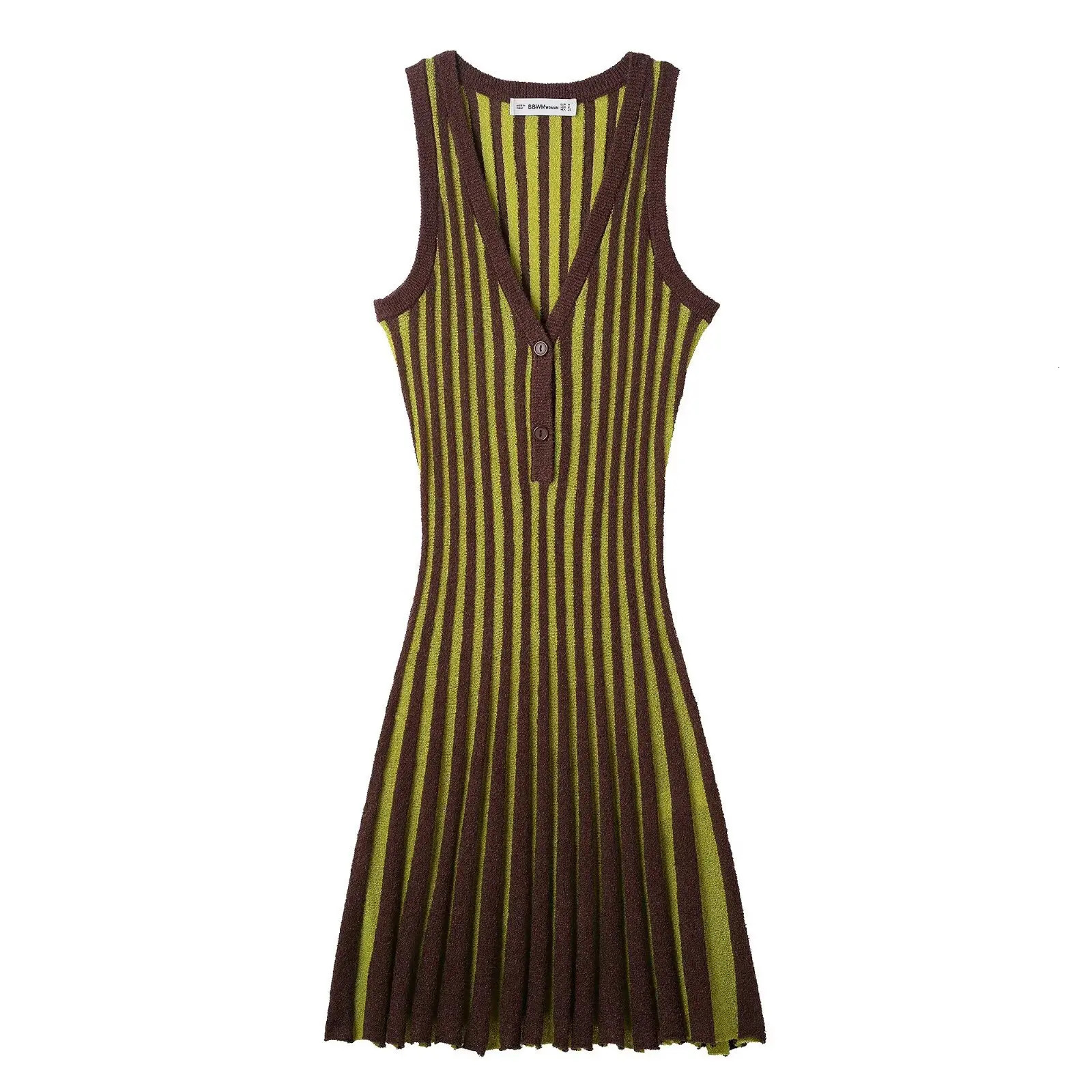 Womens fashion retro high street striped knitted short skirt feminine elegant V-neck sleeveless slim fit mini dress 260410 - view 6