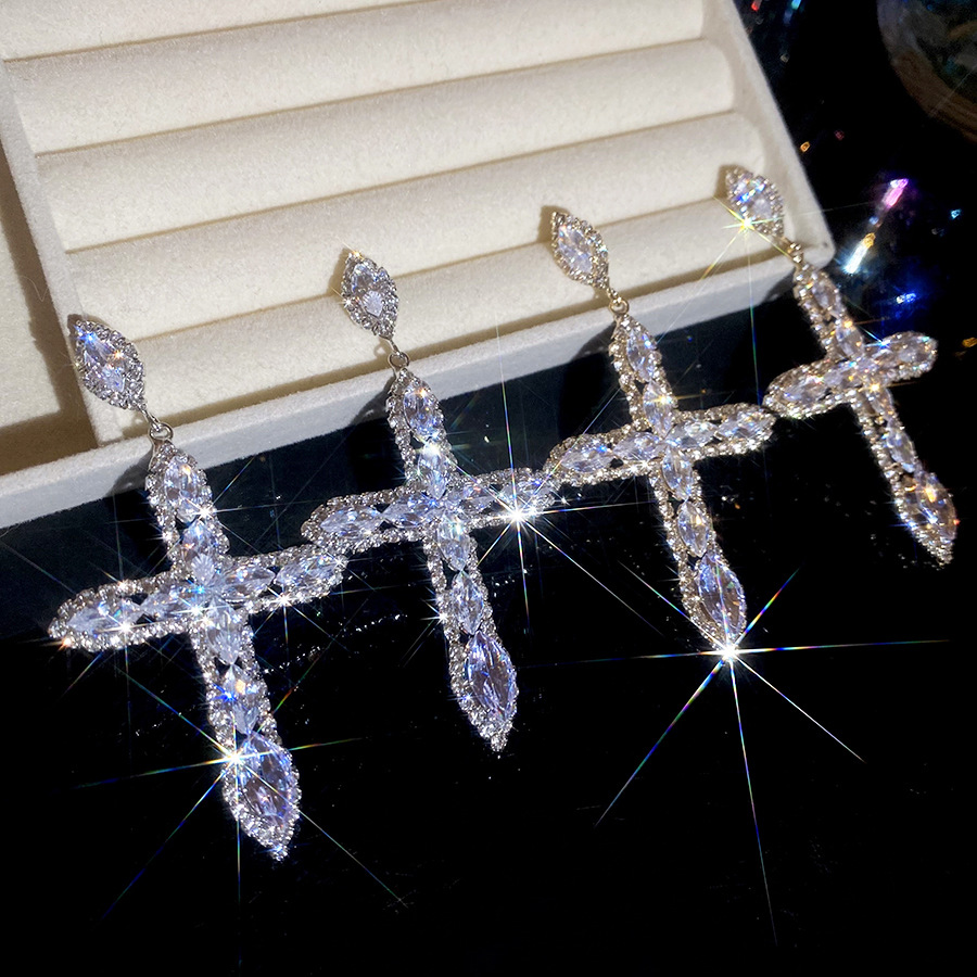 Silver Needle European and American Cross Women, Full Diamond Long Earrings, Light Luxury Palace Style Exaggerated Earrings Wholesale for Women - view 5