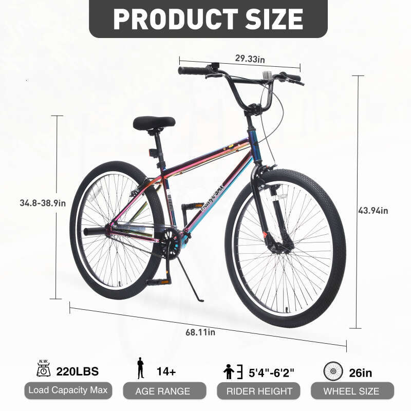 26 Inch Freestyle Bike Teens, Steel Frame Single-Speed With 2 Pegs , Front Caliper Brake Rear V Brake, Bicycle For Boys And Girls Ages 14+